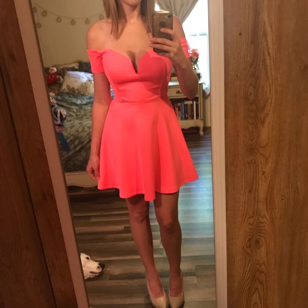 Charlotte Russe Neon Coral Scuba Skater Dress